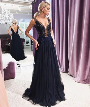 Dark blue v neck lace chiffon long prom dress, lace evening dress
