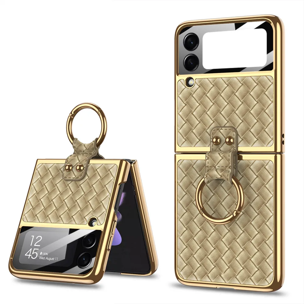 Electroplated Braided Leather Case For Samsung Galaxy Z Flip 3 5G Back Tempered Glass Phone Cover For Galaxy Z Flip3 Case