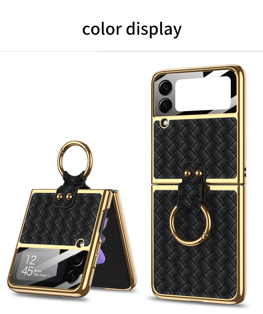 Electroplated Braided Leather Case For Samsung Galaxy Z Flip 3 5G Back Tempered Glass Phone Cover For Galaxy Z Flip3 Case