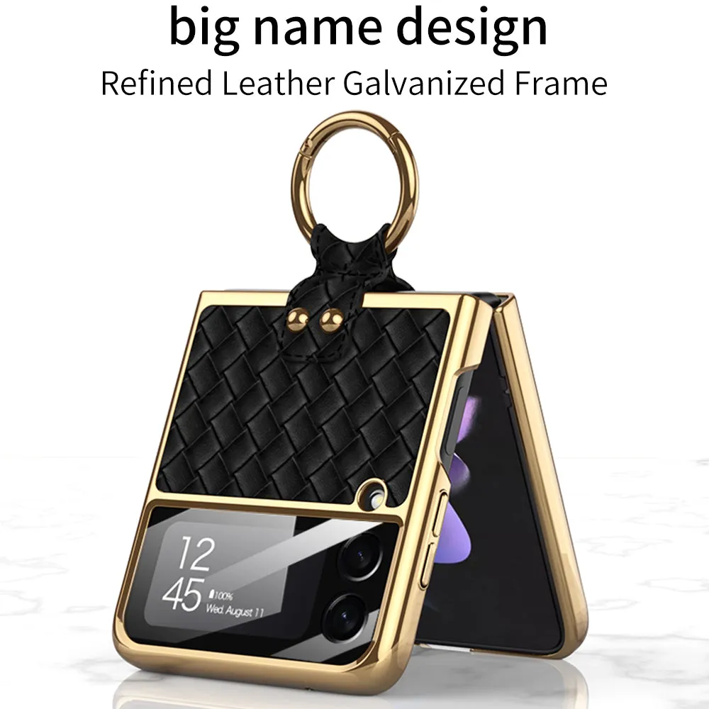 Electroplated Braided Leather Case For Samsung Galaxy Z Flip 3 5G Back Tempered Glass Phone Cover For Galaxy Z Flip3 Case