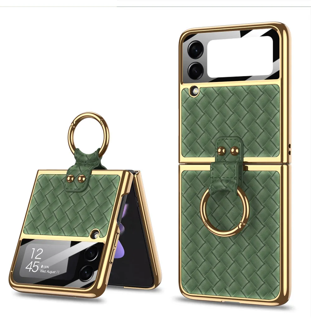 Electroplated Braided Leather Case For Samsung Galaxy Z Flip 3 5G Back Tempered Glass Phone Cover For Galaxy Z Flip3 Case