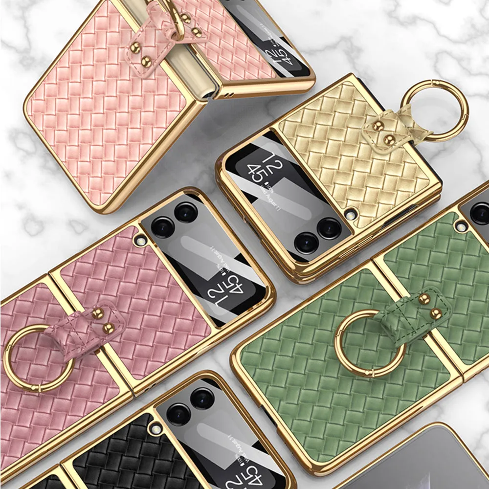 Electroplated Braided Leather Case For Samsung Galaxy Z Flip 3 5G Back Tempered Glass Phone Cover For Galaxy Z Flip3 Case