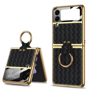 Electroplated Braided Leather Case For Samsung Galaxy Z Flip 3 5G Back Tempered Glass Phone Cover For Galaxy Z Flip3 Case