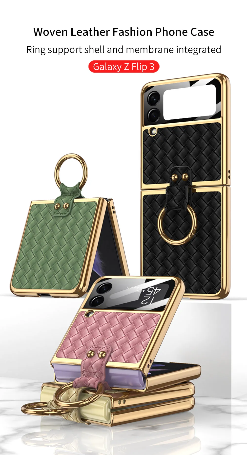 Electroplated Braided Leather Case For Samsung Galaxy Z Flip 3 5G Back Tempered Glass Phone Cover For Galaxy Z Flip3 Case