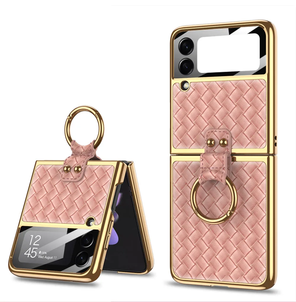 Electroplated Braided Leather Case For Samsung Galaxy Z Flip 3 5G Back Tempered Glass Phone Cover For Galaxy Z Flip3 Case