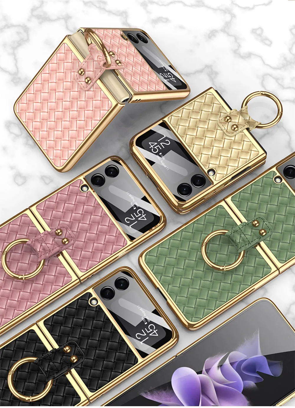 Electroplated Braided Leather Case For Samsung Galaxy Z Flip 3 5G Back Tempered Glass Phone Cover For Galaxy Z Flip3 Case