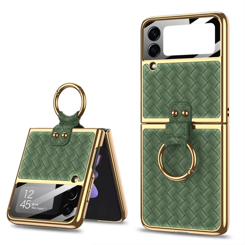 Electroplated Braided Leather Case For Samsung Galaxy Z Flip 3 5G Back Tempered Glass Phone Cover For Galaxy Z Flip3 Case