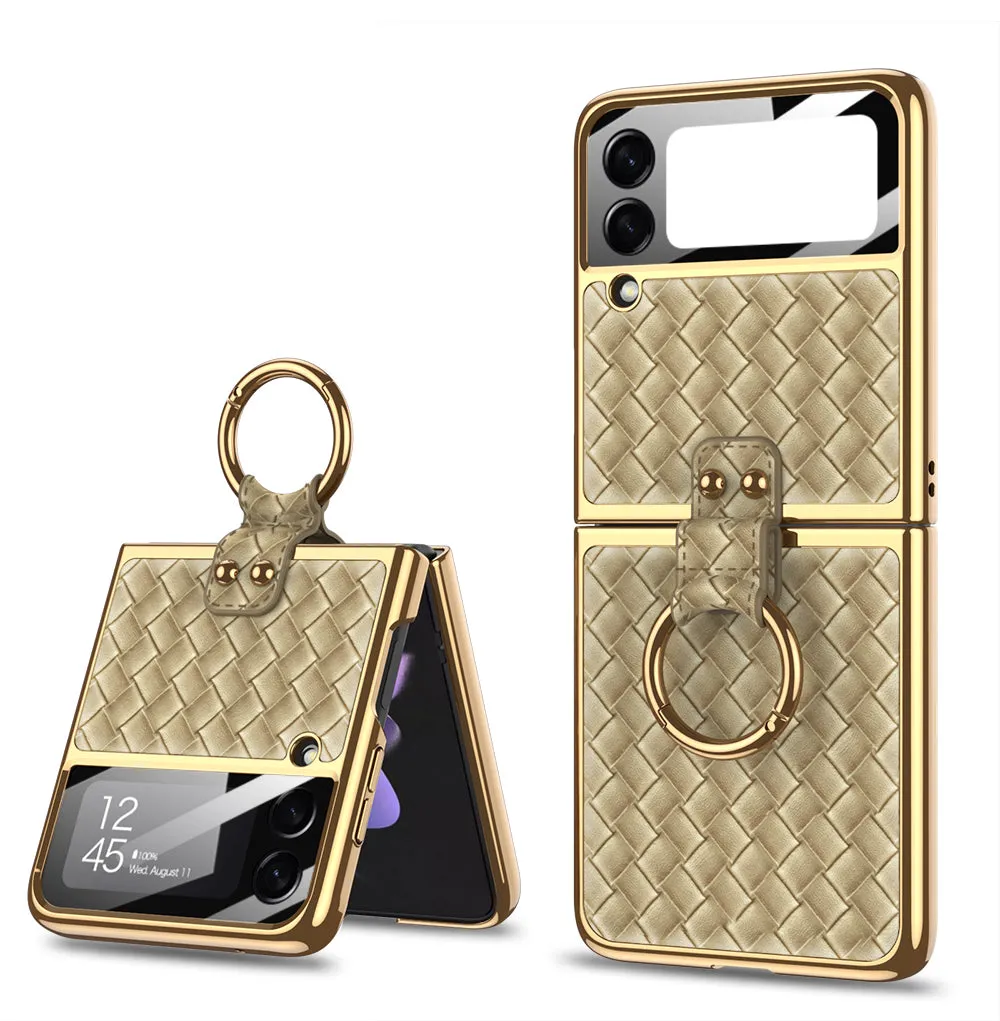Electroplated Braided Leather Case For Samsung Galaxy Z Flip 3 5G Back Tempered Glass Phone Cover For Galaxy Z Flip3 Case