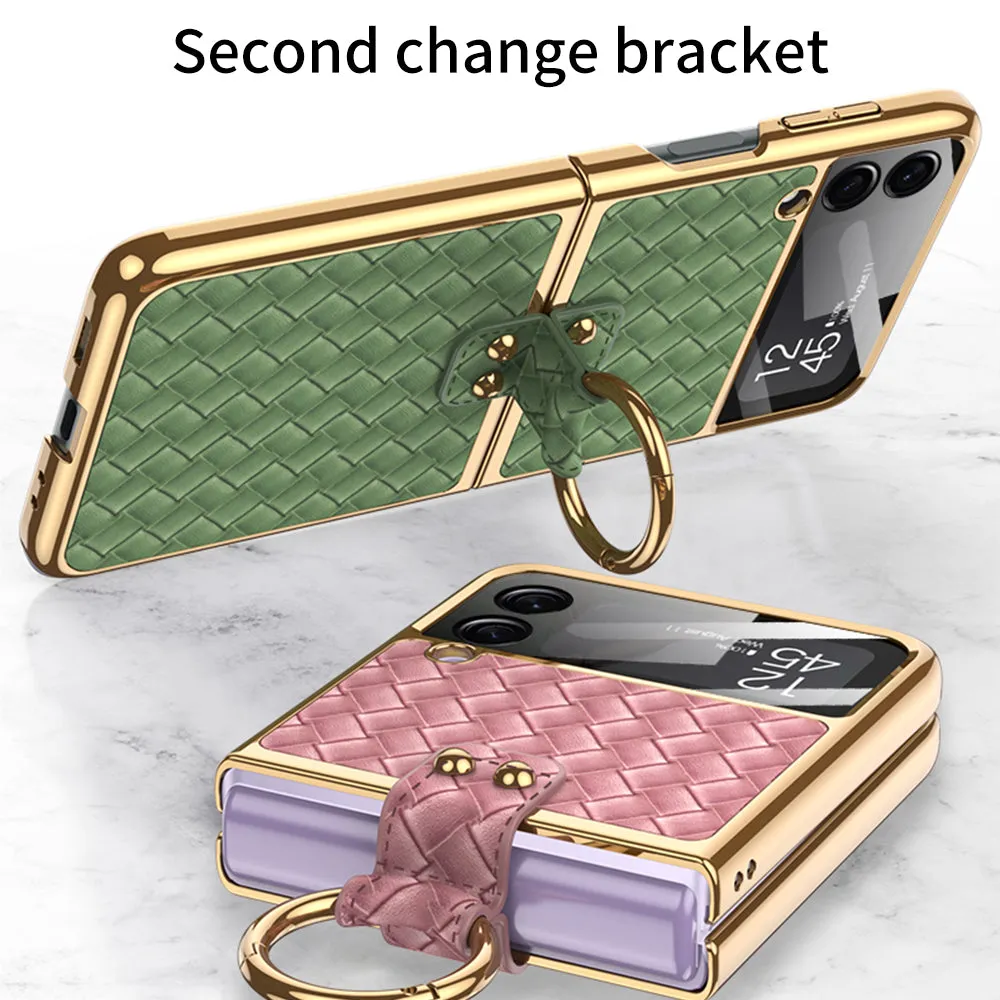 Electroplated Braided Leather Case For Samsung Galaxy Z Flip 3 5G Back Tempered Glass Phone Cover For Galaxy Z Flip3 Case