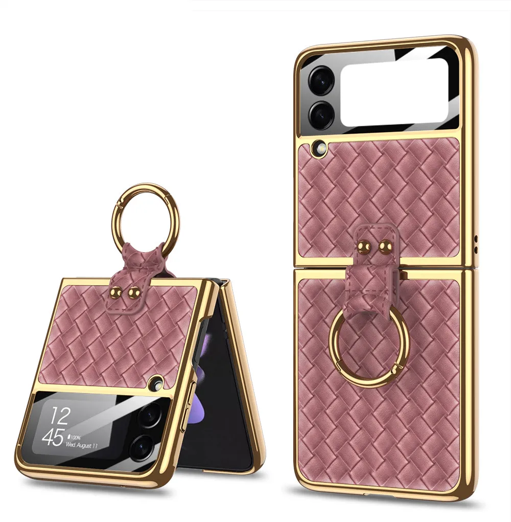 Electroplated Braided Leather Case For Samsung Galaxy Z Flip 3 5G Back Tempered Glass Phone Cover For Galaxy Z Flip3 Case
