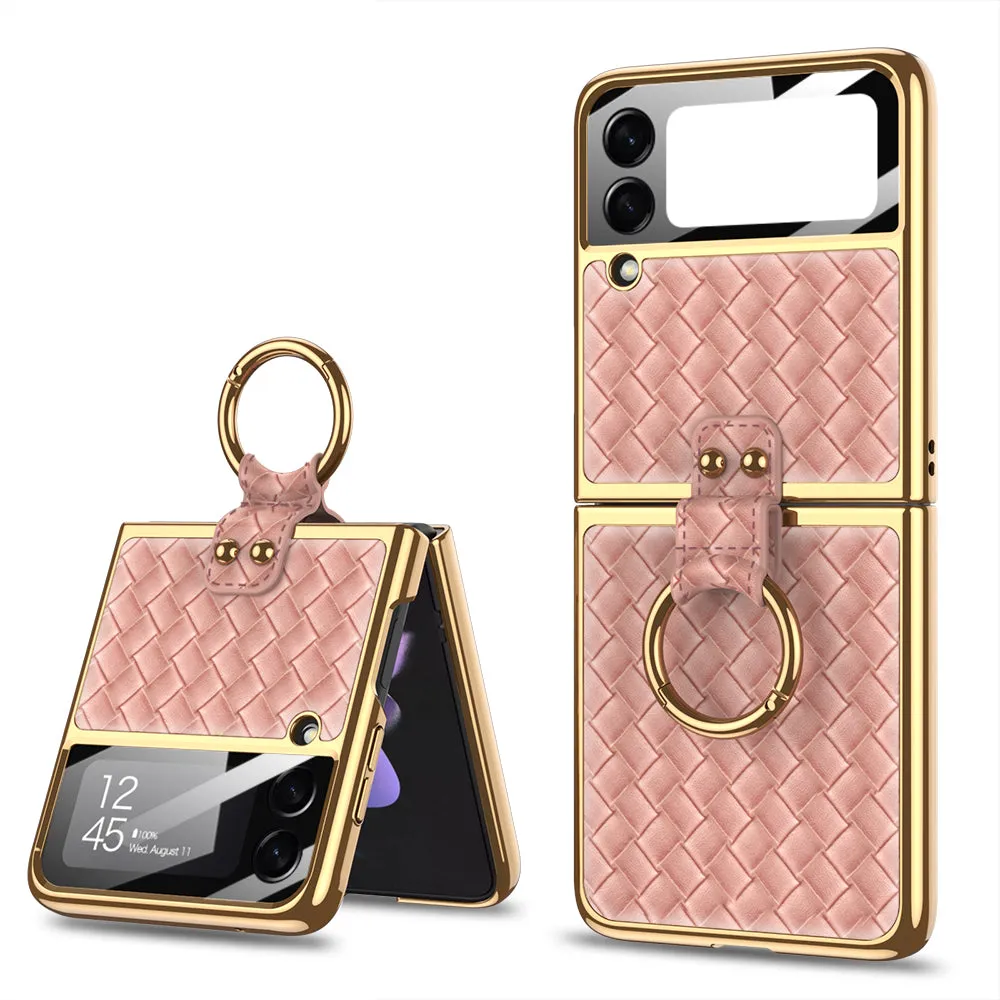 Electroplated Braided Leather Case For Samsung Galaxy Z Flip 3 5G Back Tempered Glass Phone Cover For Galaxy Z Flip3 Case