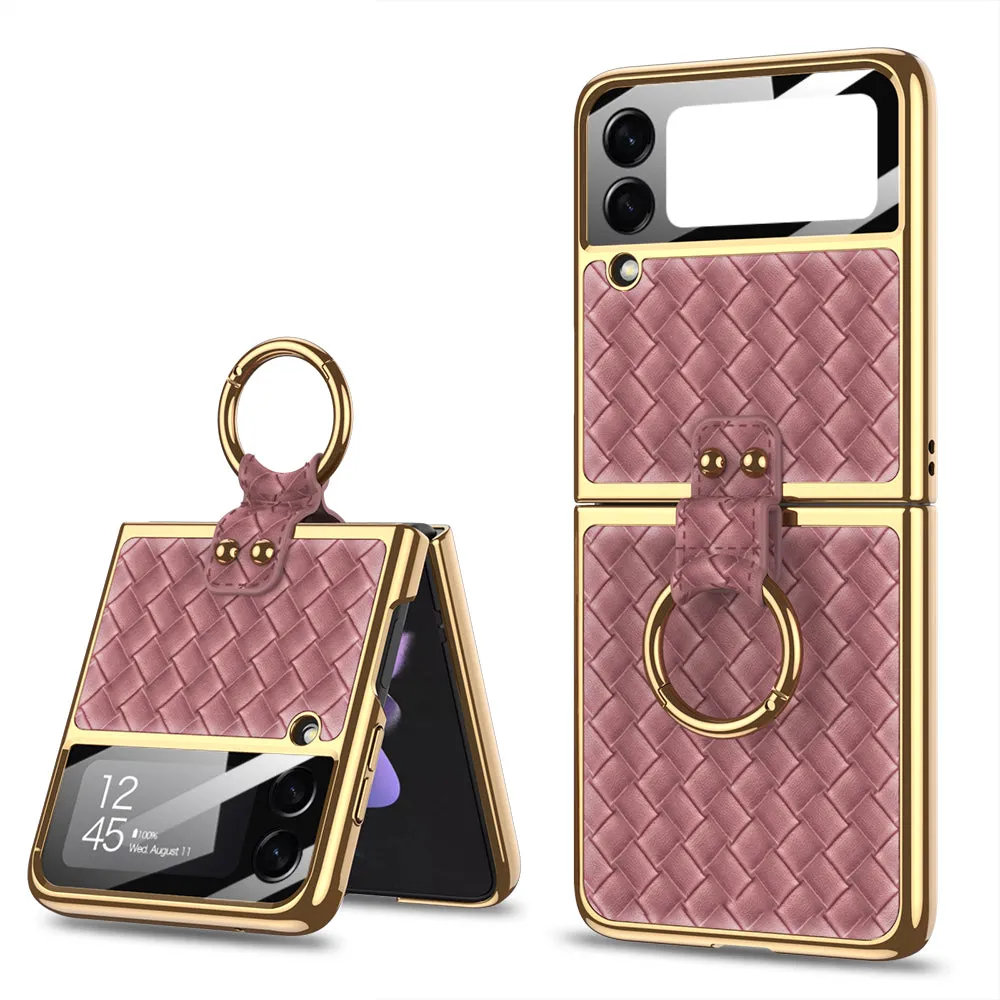 Electroplated Braided Leather Case For Samsung Galaxy Z Flip 3 5G Back Tempered Glass Phone Cover For Galaxy Z Flip3 Case