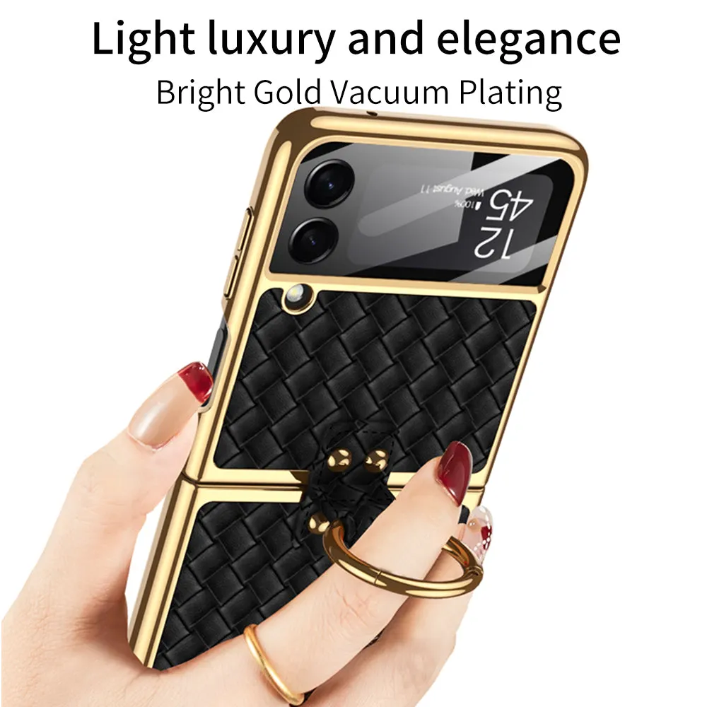 Electroplated Braided Leather Case For Samsung Galaxy Z Flip 3 5G Back Tempered Glass Phone Cover For Galaxy Z Flip3 Case
