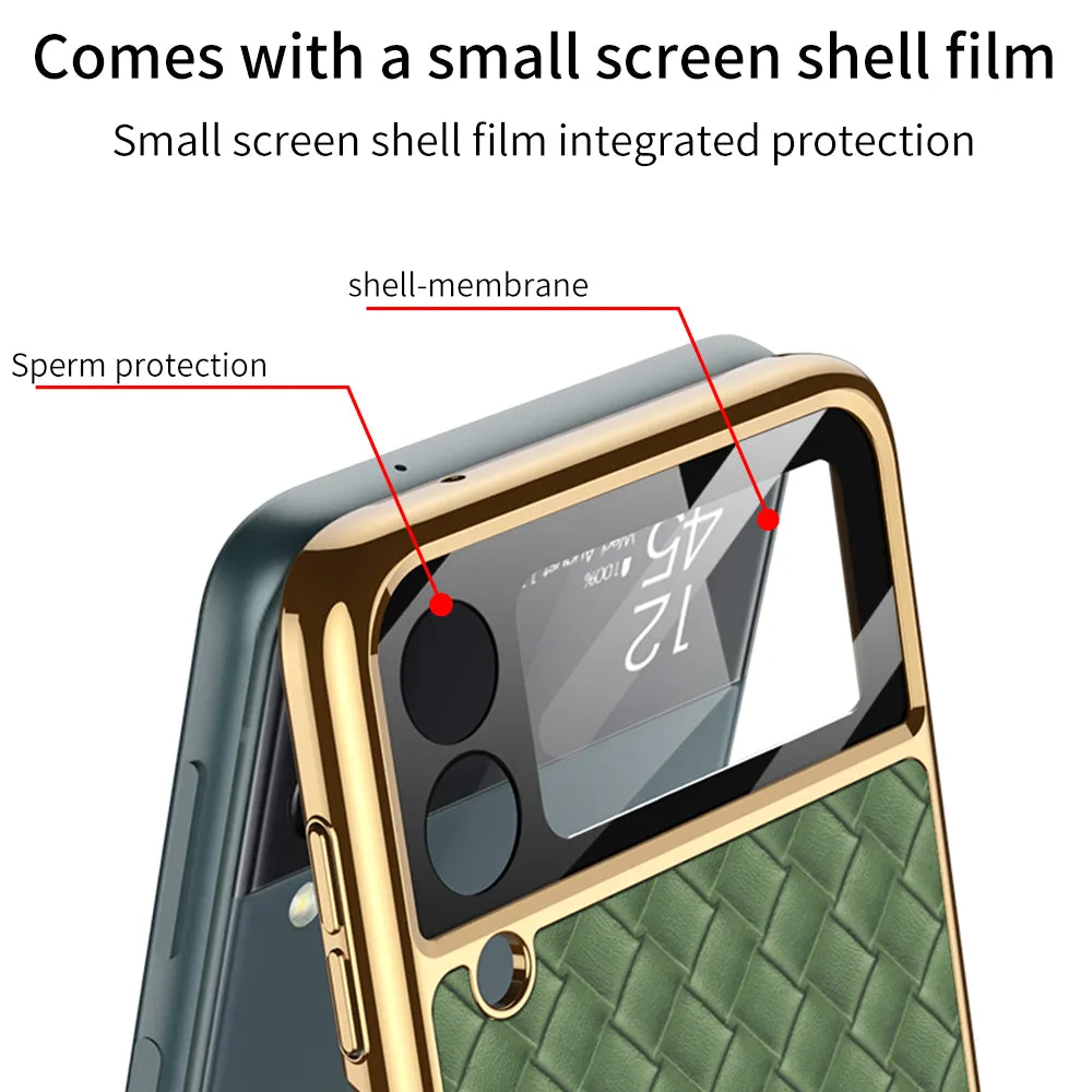 Electroplated Braided Leather Case For Samsung Galaxy Z Flip 3 5G Back Tempered Glass Phone Cover For Galaxy Z Flip3 Case