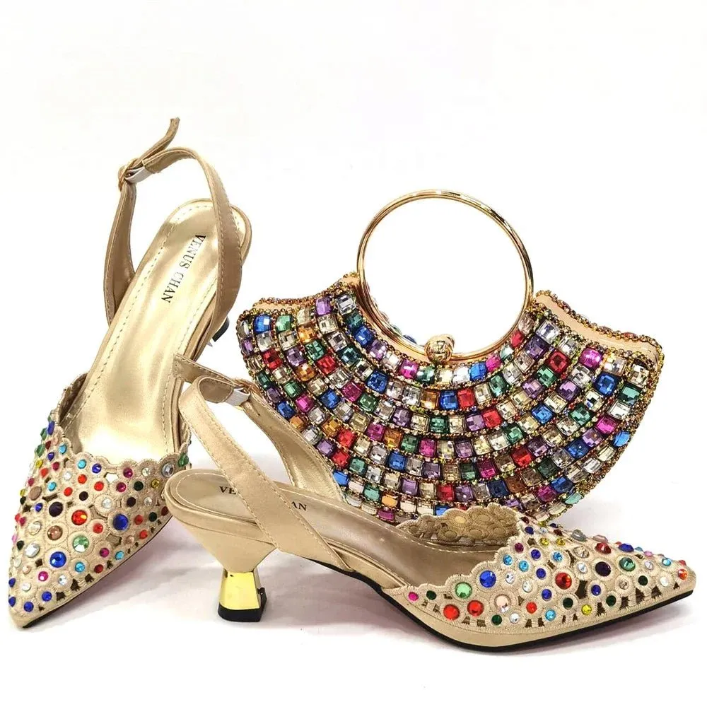 Elegant Party Shoes & Bag Set with Rhinestone Detailing
