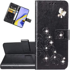 EMAXELER Galaxy A20S Case Stylish Embossing PU Leather Diamond Butterfly Slim Shockproof Flip Wallet Cover with Kickstand Credit Cards Slot for Samsung Galaxy A20S Crystal Clover Black SD.