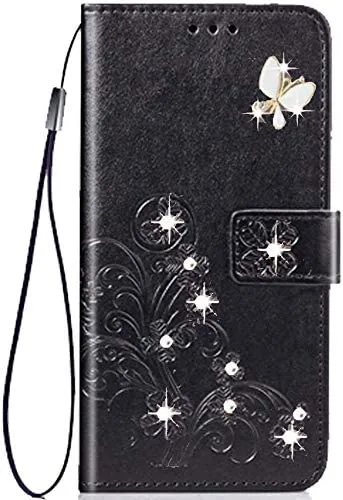 EMAXELER Galaxy A20S Case Stylish Embossing PU Leather Diamond Butterfly Slim Shockproof Flip Wallet Cover with Kickstand Credit Cards Slot for Samsung Galaxy A20S Crystal Clover Black SD.
