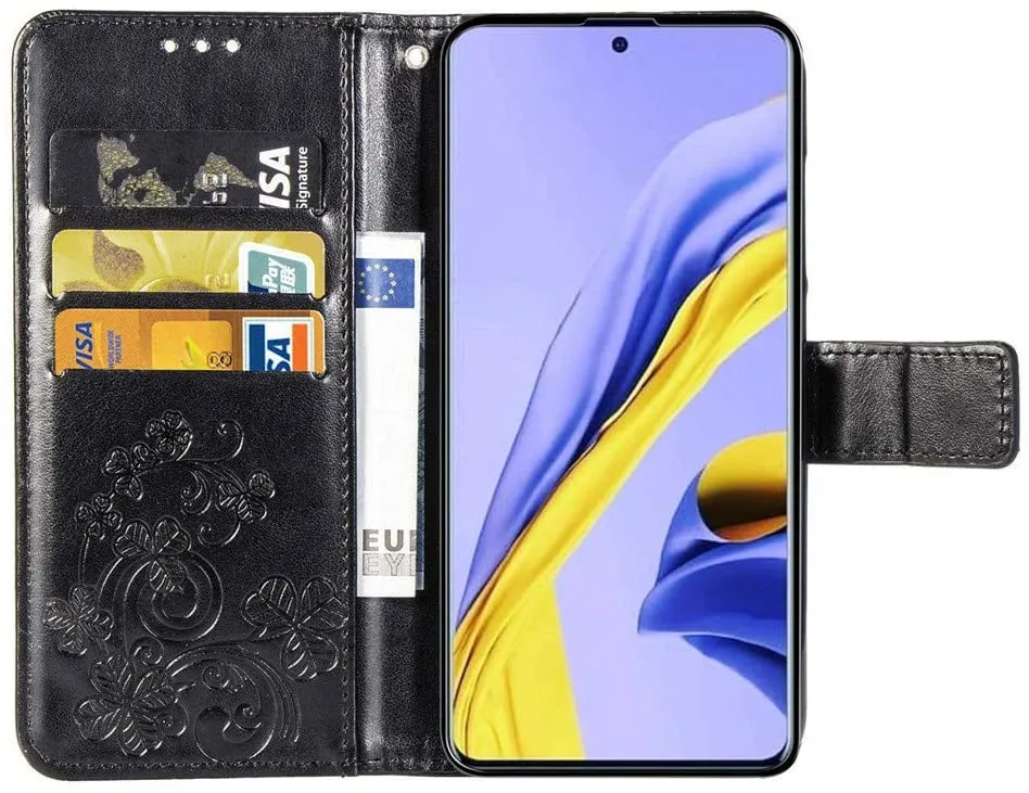 EMAXELER Galaxy A20S Case Stylish Embossing PU Leather Diamond Butterfly Slim Shockproof Flip Wallet Cover with Kickstand Credit Cards Slot for Samsung Galaxy A20S Crystal Clover Black SD.