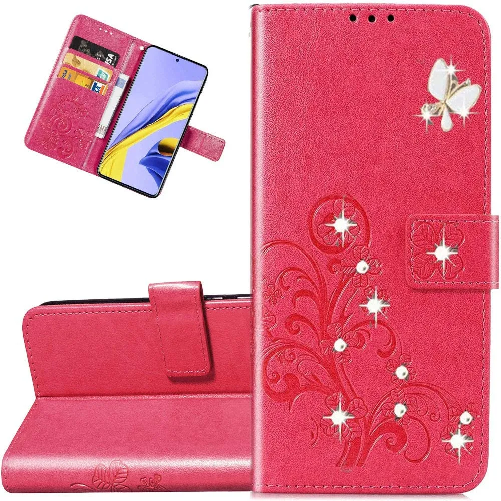 EMAXELER Galaxy A20S Case Stylish Embossing PU Leather Diamond Butterfly Slim Shockproof Flip Wallet Cover with Kickstand Credit Cards Slot for Samsung Galaxy A20S Crystal Clover Red SD.