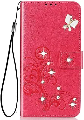 EMAXELER Galaxy A20S Case Stylish Embossing PU Leather Diamond Butterfly Slim Shockproof Flip Wallet Cover with Kickstand Credit Cards Slot for Samsung Galaxy A20S Crystal Clover Red SD.
