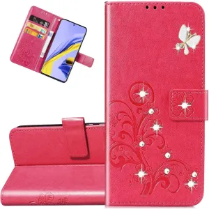 EMAXELER Galaxy A20S Case Stylish Embossing PU Leather Diamond Butterfly Slim Shockproof Flip Wallet Cover with Kickstand Credit Cards Slot for Samsung Galaxy A20S Crystal Clover Red SD.