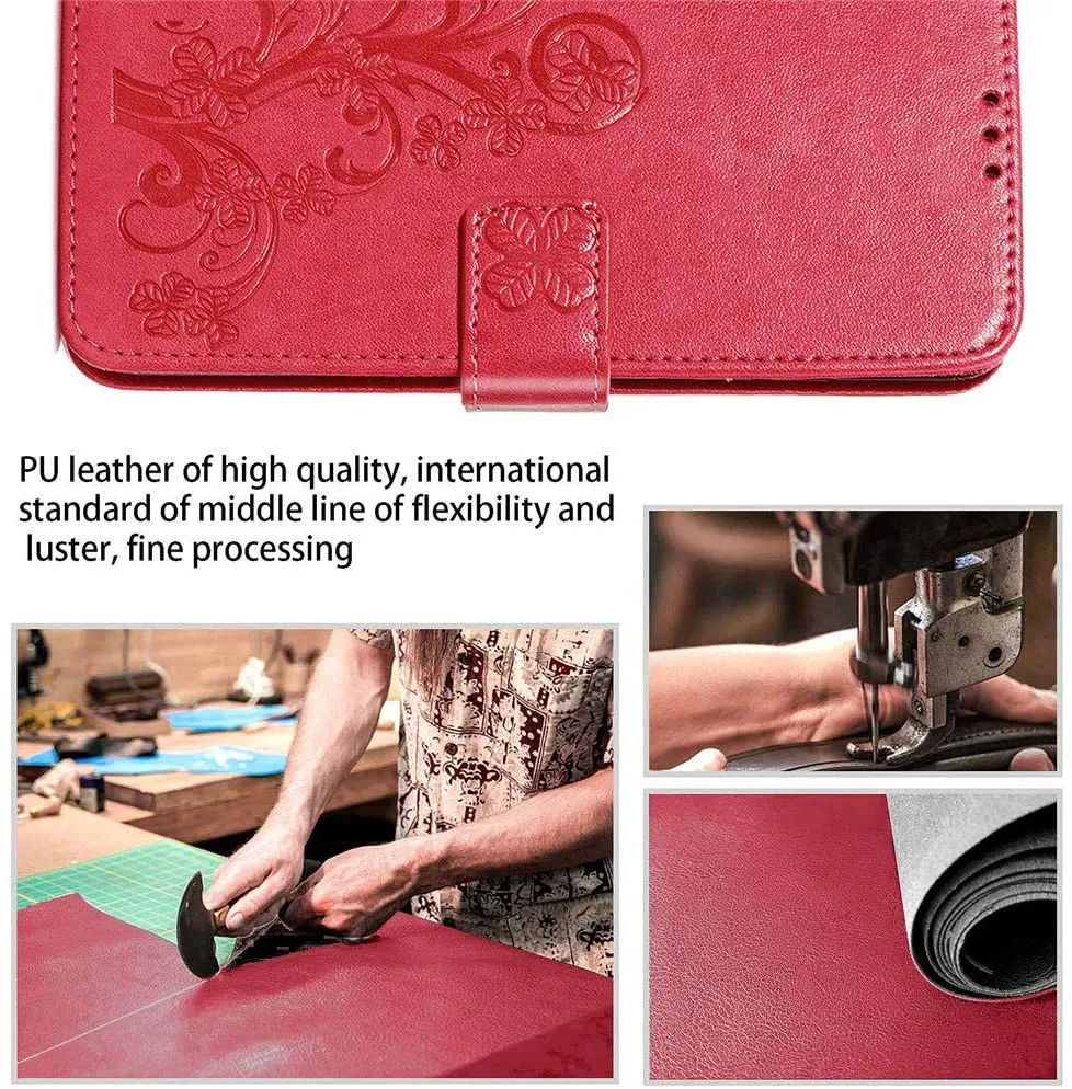 EMAXELER Galaxy A20S Case Stylish Embossing PU Leather Diamond Butterfly Slim Shockproof Flip Wallet Cover with Kickstand Credit Cards Slot for Samsung Galaxy A20S Crystal Clover Red SD.