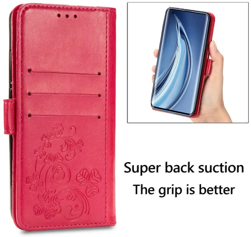 EMAXELER Galaxy A20S Case Stylish Embossing PU Leather Diamond Butterfly Slim Shockproof Flip Wallet Cover with Kickstand Credit Cards Slot for Samsung Galaxy A20S Crystal Clover Red SD.
