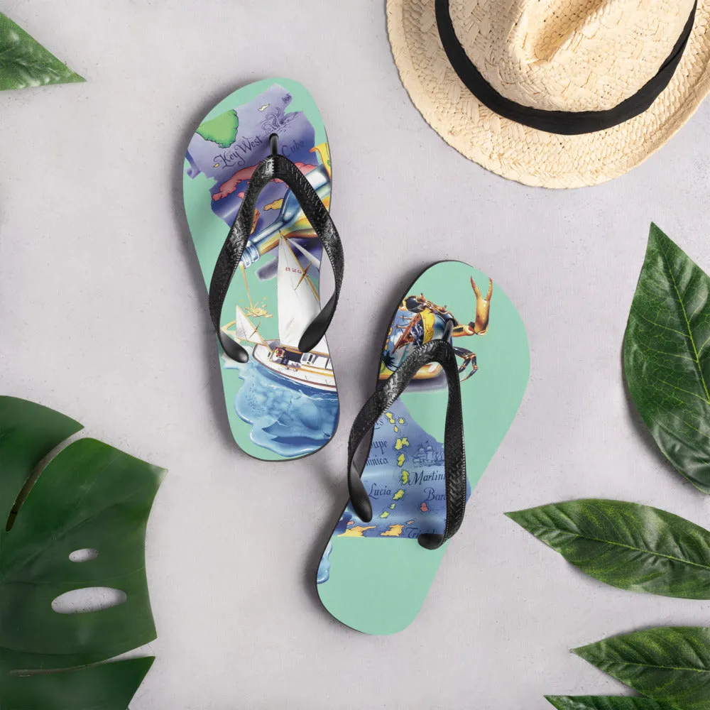 Exclusive Shipwreck Rum Caribbean Map Print Flip Flops Jim Mazzotta Artwork