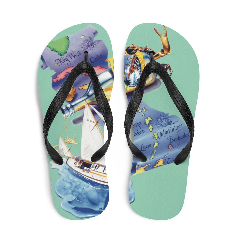 Exclusive Shipwreck Rum Caribbean Map Print Flip Flops Jim Mazzotta Artwork