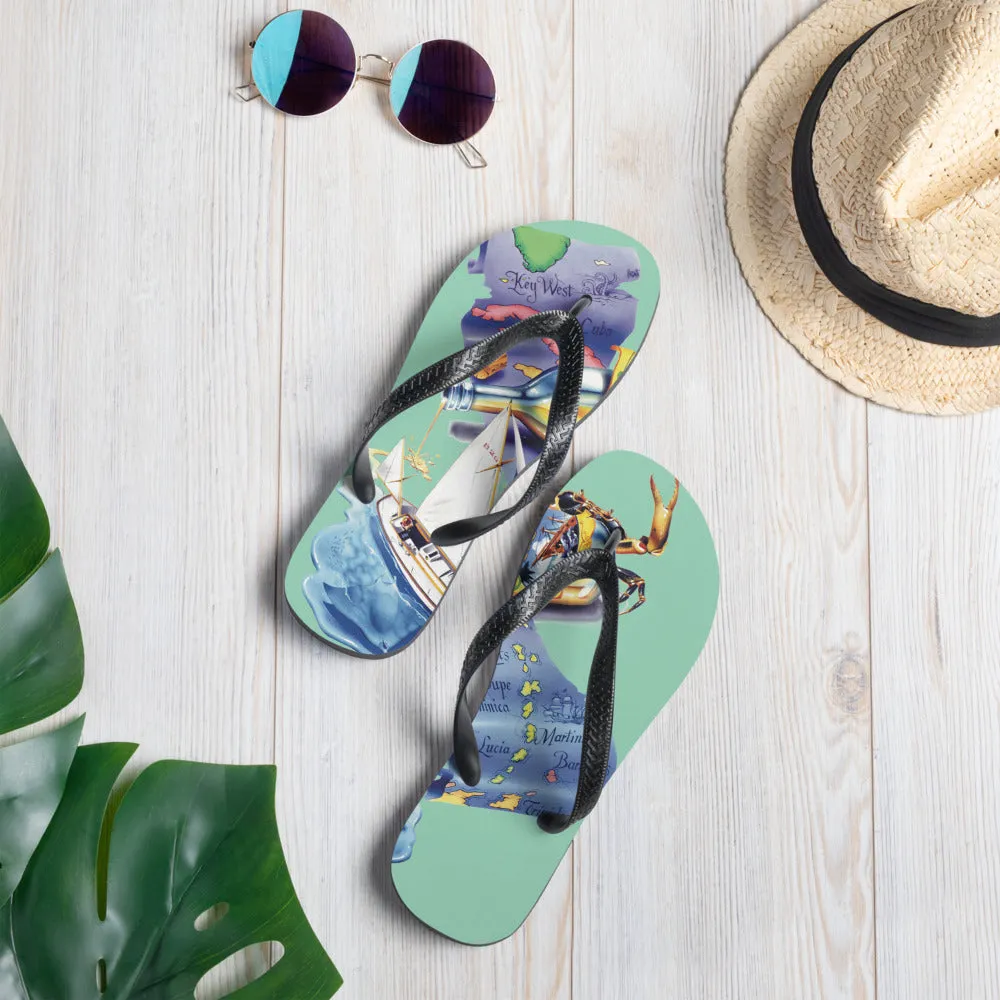 Exclusive Shipwreck Rum Caribbean Map Print Flip Flops Jim Mazzotta Artwork