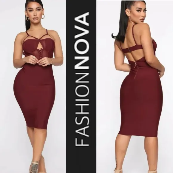 FASHION NOVA FLIRT ON THE ROCKS BANDAID BODYCON BACKLESS MIDI DRESS *NWT*