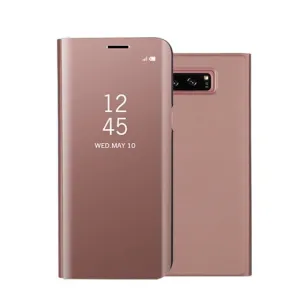 Fashion Shockproof  Ultra Thin Electroplating PU Case Cover Mirror Free Flip Anti-scratch Protective Case for Samsung Galaxy Note 8 Rose red