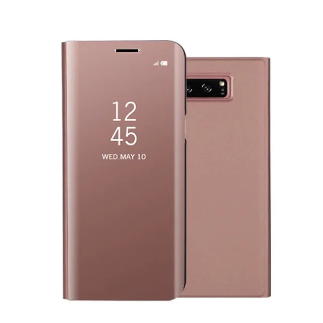 Fashion Shockproof  Ultra Thin Electroplating PU Case Cover Mirror Free Flip Anti-scratch Protective Case for Samsung Galaxy Note 8 Rose red
