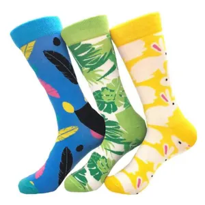 Feather Leaf Rabbit Printed Mens Colorful Crew Socks - Premium Cotton Fun socks with Soft Elastic