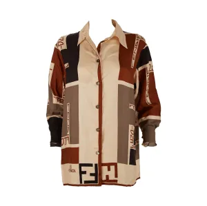 Fendi Brown Color-Blocked Logo Button Down