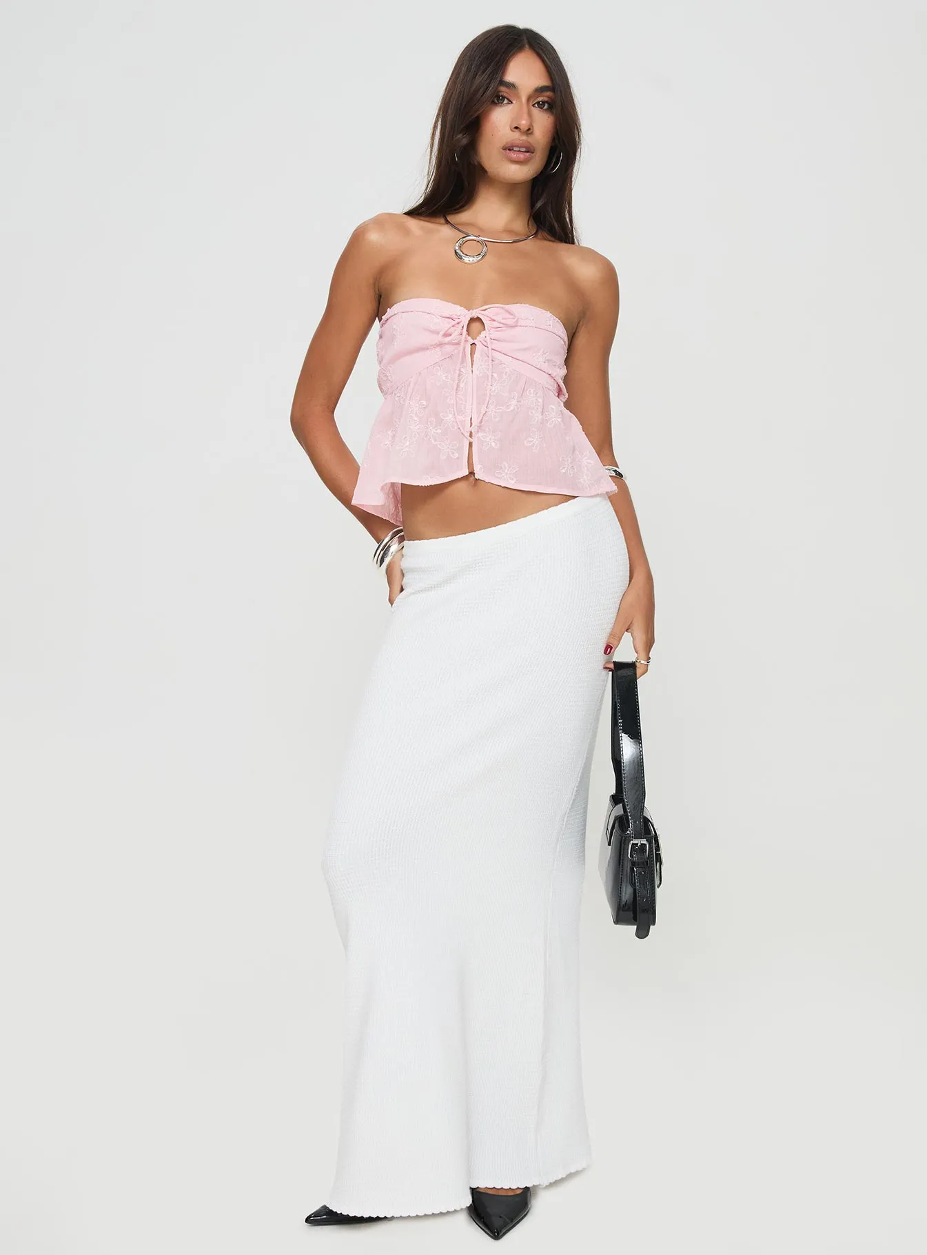 Floral Embroidered Strapless Tie Top