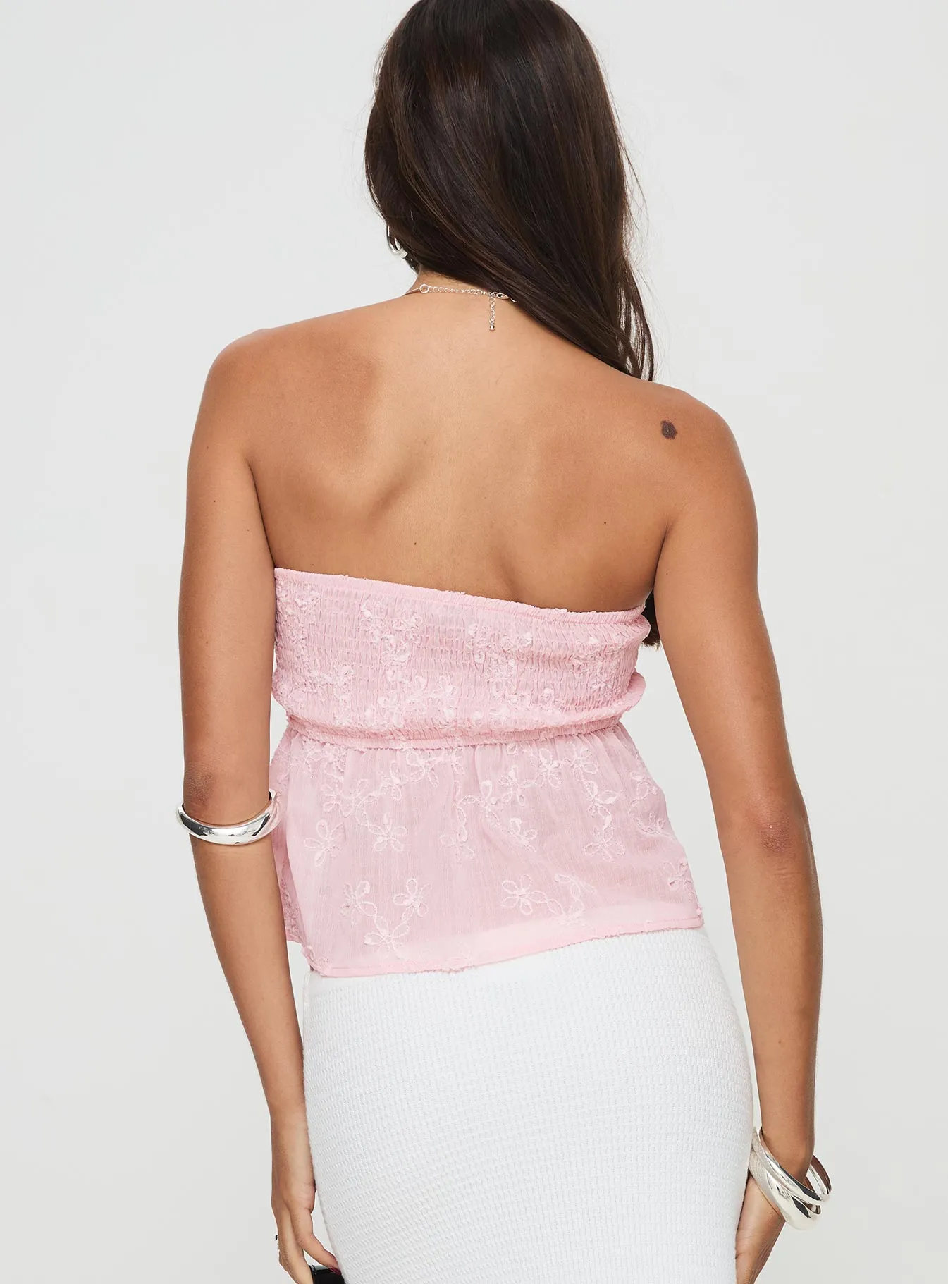 Floral Embroidered Strapless Tie Top