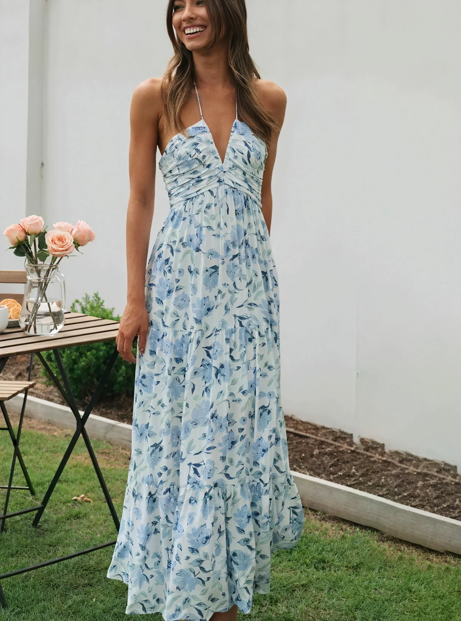Floral Halter Maxi Dress - Flowing Tiered Skirt