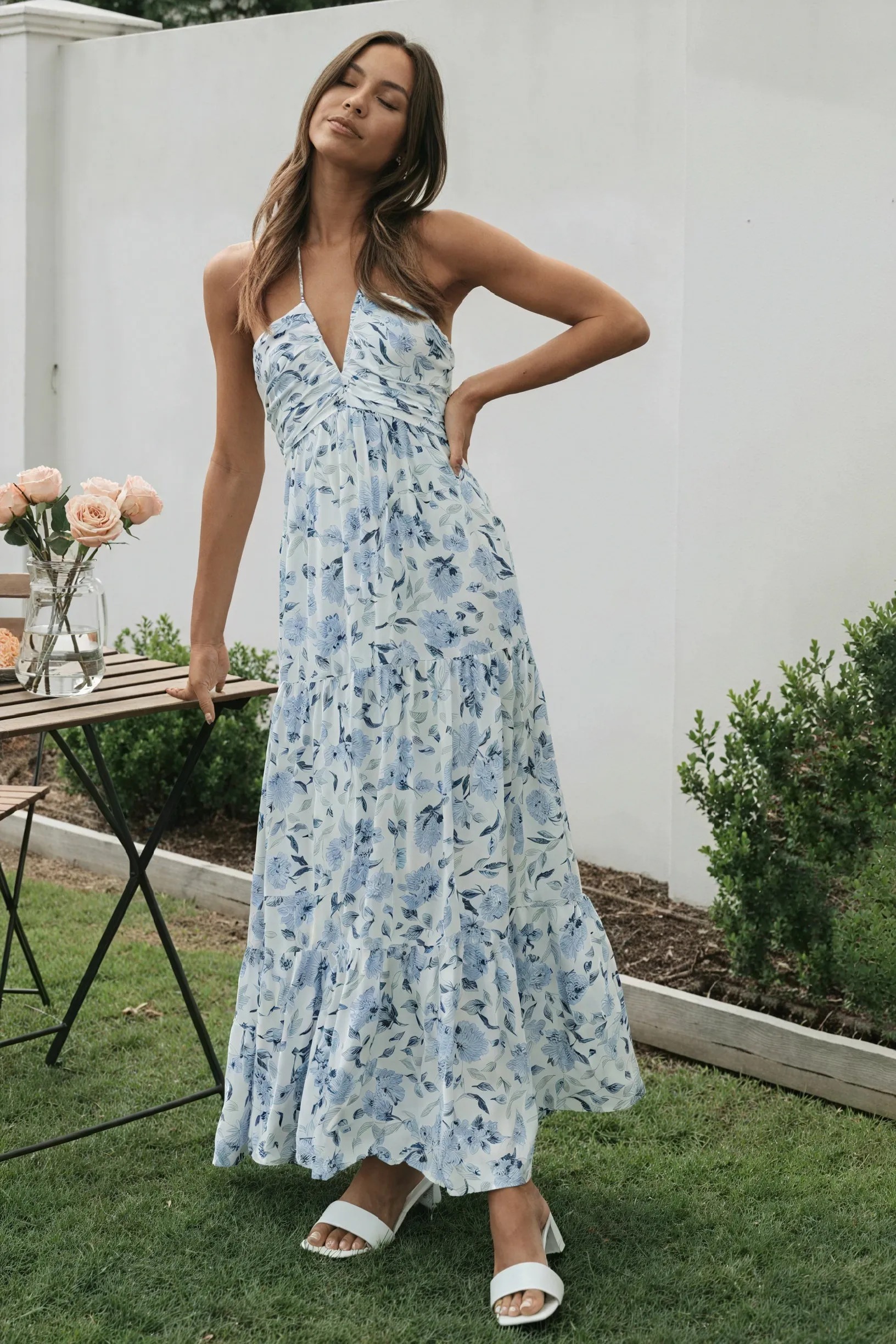 Floral Halter Maxi Dress - Flowing Tiered Skirt