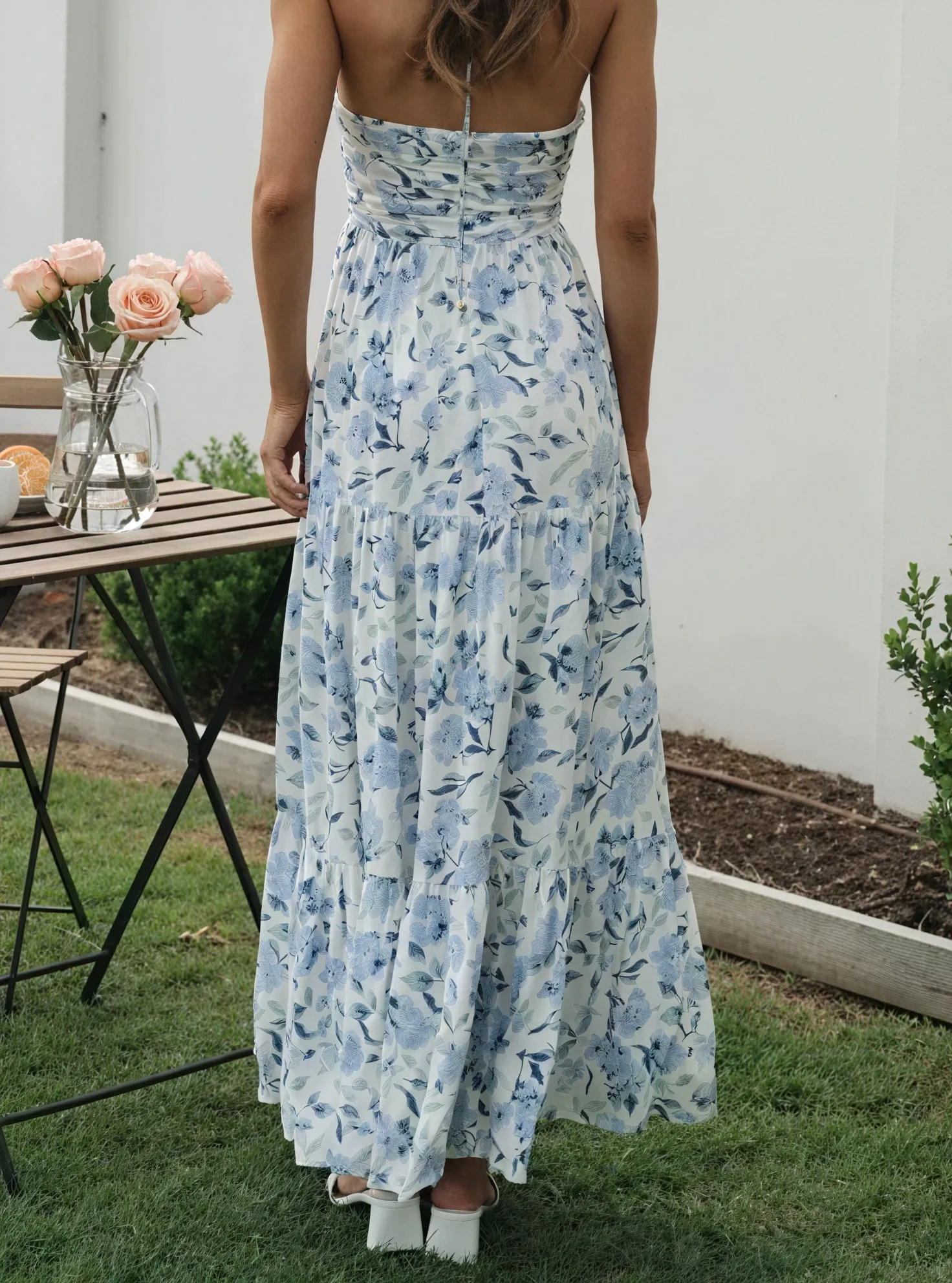 Floral Halter Maxi Dress - Flowing Tiered Skirt