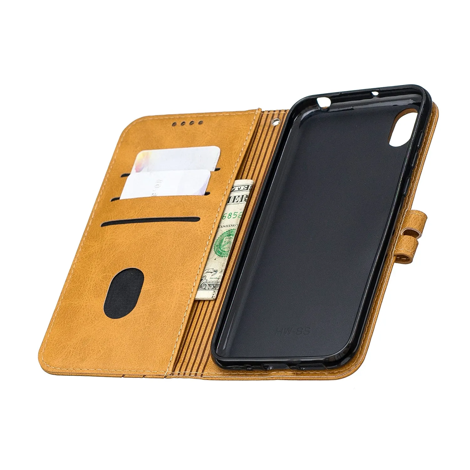 For HUAWEI Y5 2019 Denim Pattern Solid Color Flip Wallet PU Leather Protective Phone Case with Buckle & Bracket yellow
