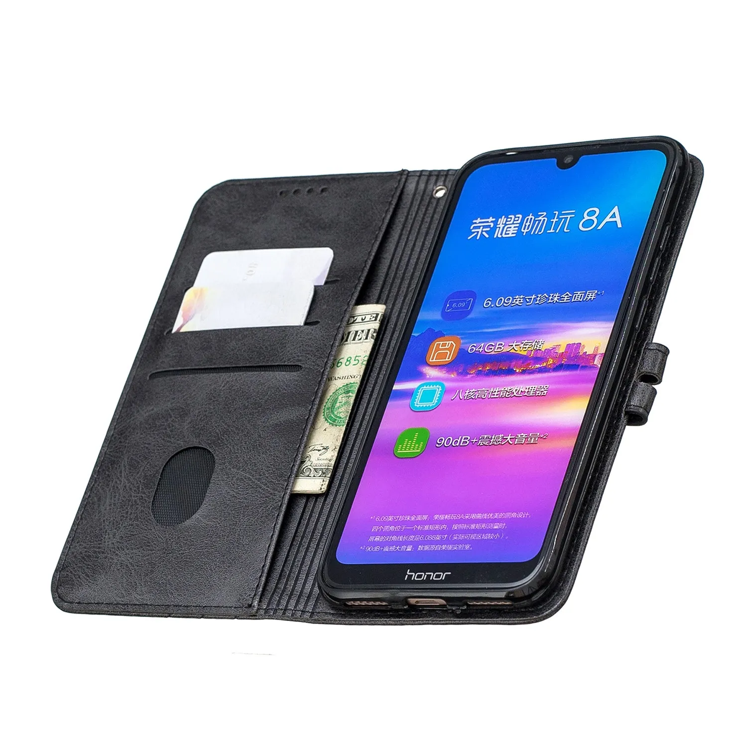 For HUAWEI Y6 2019 Denim Pattern Solid Color Flip Wallet PU Leather Protective Phone Case with Buckle & Bracket black