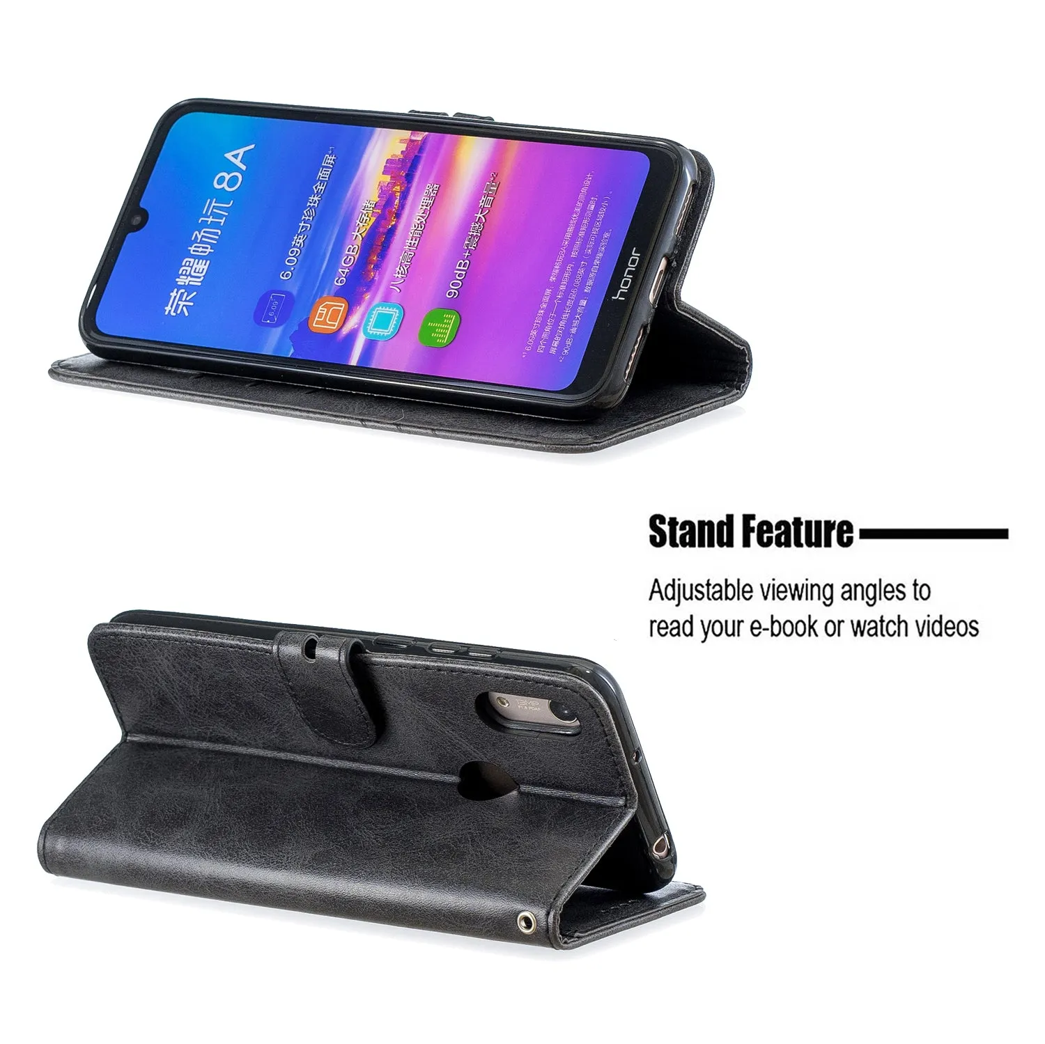 For HUAWEI Y6 2019 Denim Pattern Solid Color Flip Wallet PU Leather Protective Phone Case with Buckle & Bracket black