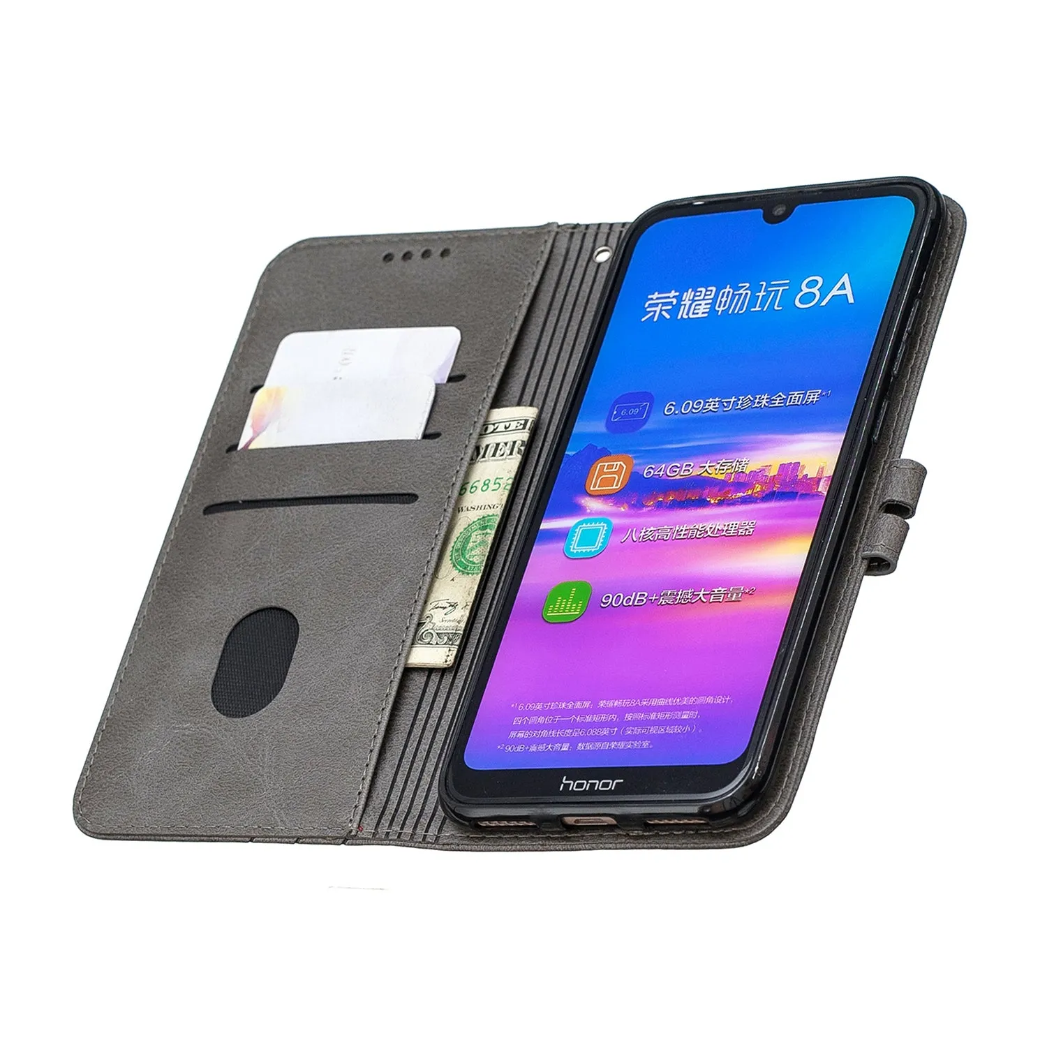 For HUAWEI Y6 2019 Denim Pattern Solid Color Flip Wallet PU Leather Protective Phone Case with Buckle & Bracket gray