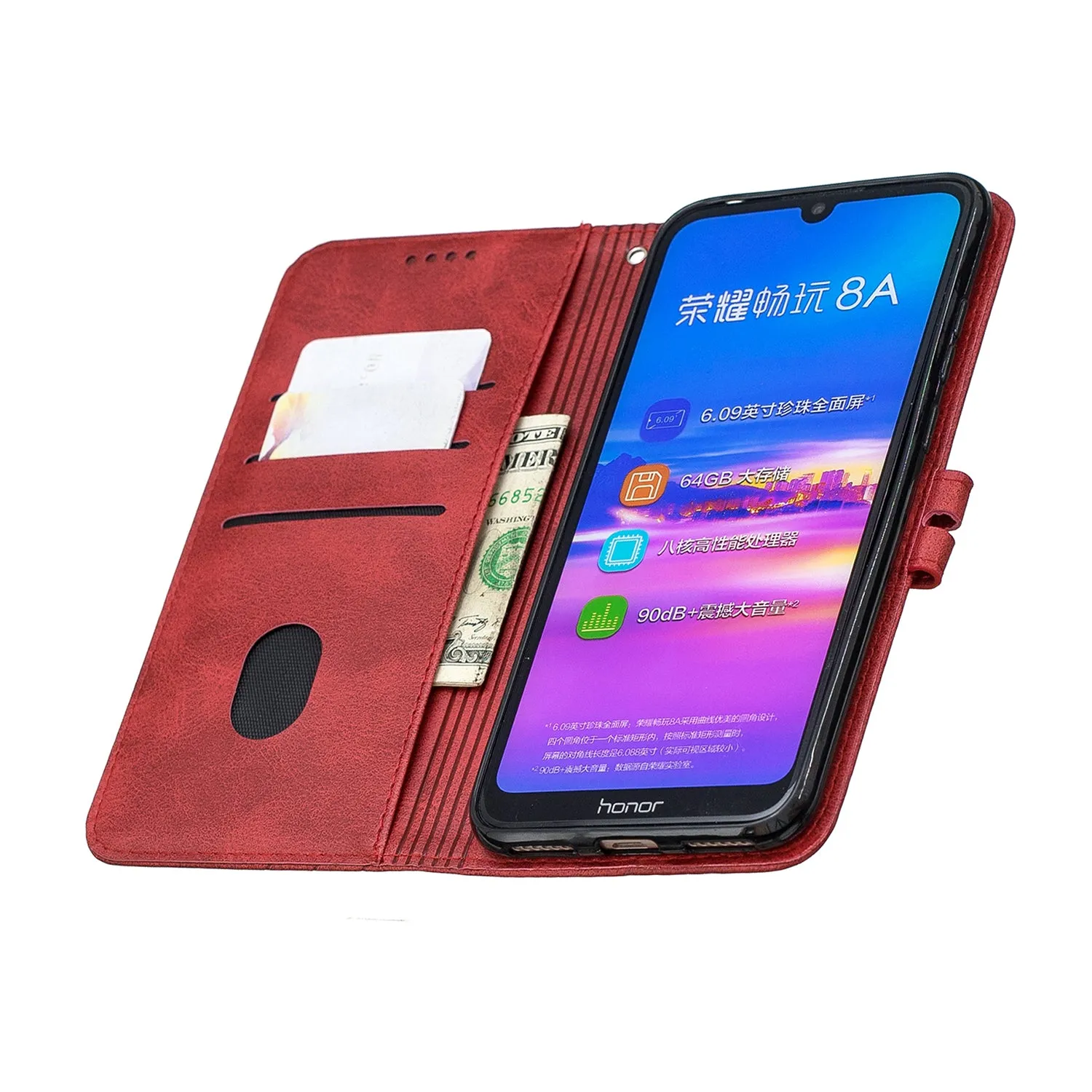 For HUAWEI Y6 2019 Denim Pattern Solid Color Flip Wallet PU Leather Protective Phone Case with Buckle & Bracket red