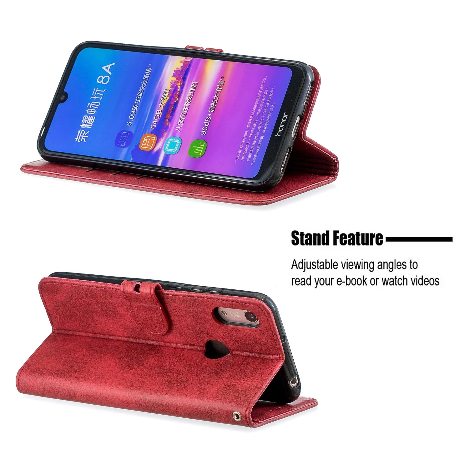 For HUAWEI Y6 2019 Denim Pattern Solid Color Flip Wallet PU Leather Protective Phone Case with Buckle & Bracket red