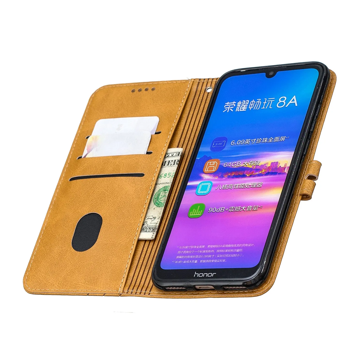 For HUAWEI Y6 2019 Denim Pattern Solid Color Flip Wallet PU Leather Protective Phone Case with Buckle & Bracket yellow
