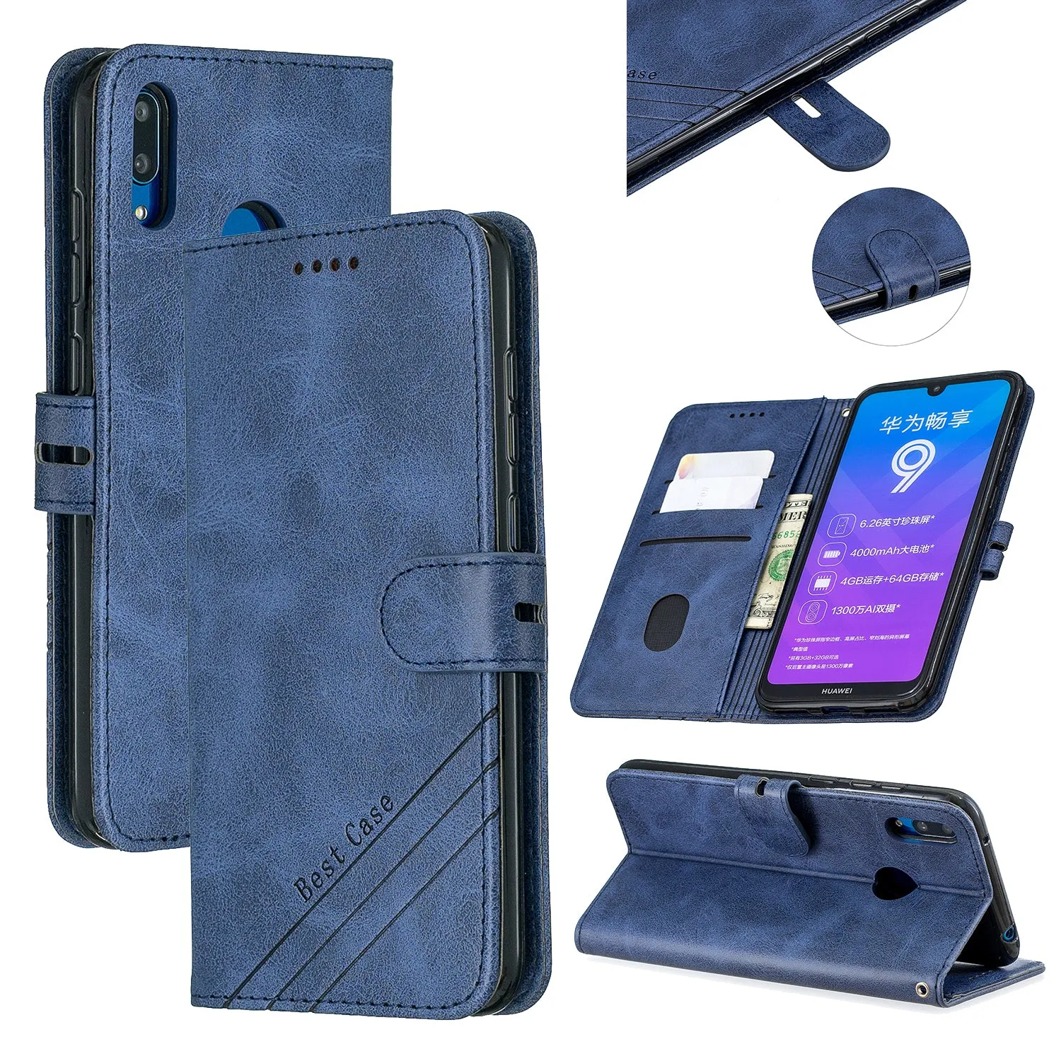 For HUAWEI Y7 2019 Denim Pattern Solid Color Flip Wallet PU Leather Protective Phone Case with Buckle & Bracket brown