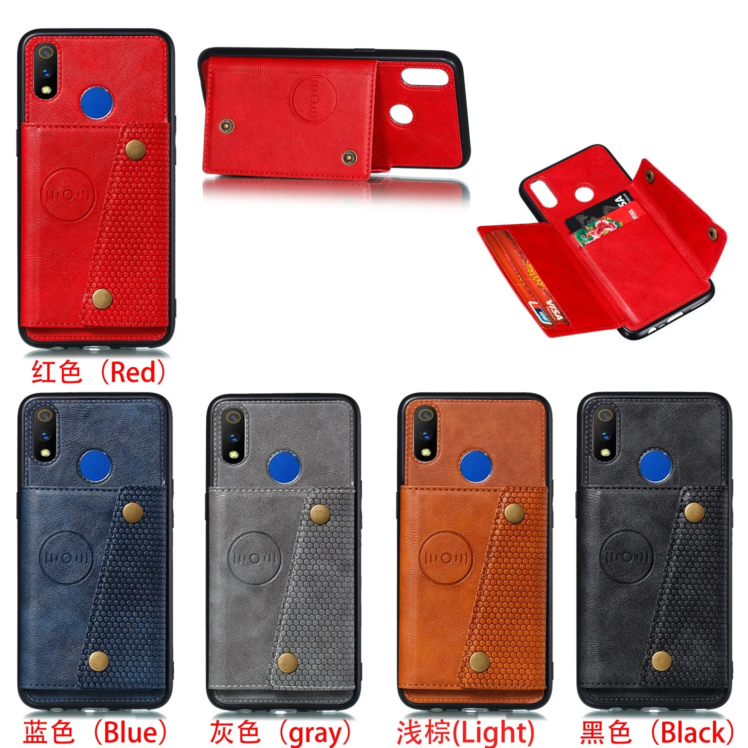 For OPPO Realme 3 PU Leather Flip Stand Shockproof Cell Phone Cover Double Buckle Anti-dust Case With Card Slots Pocket Light Brown