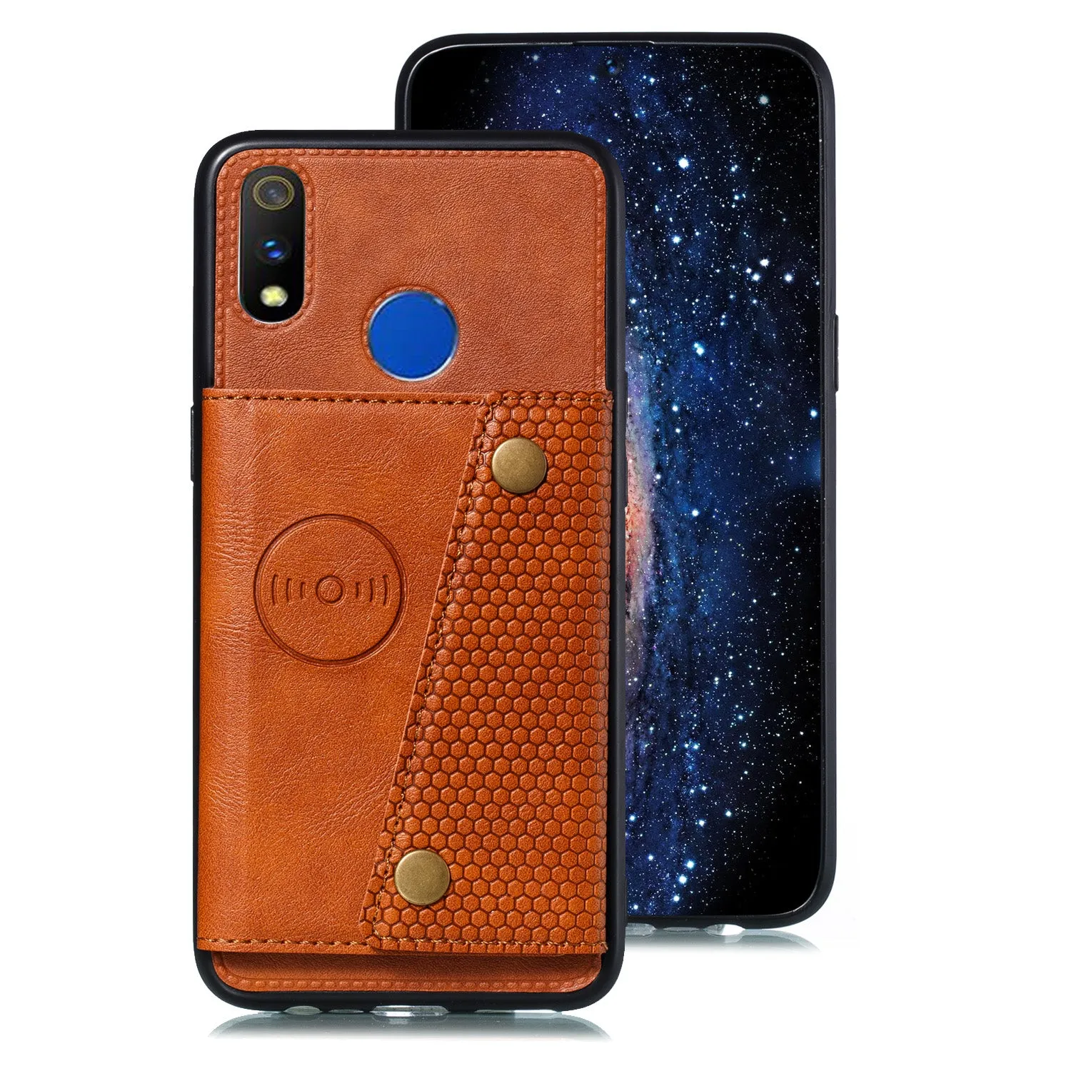 For OPPO Realme 3 PU Leather Flip Stand Shockproof Cell Phone Cover Double Buckle Anti-dust Case With Card Slots Pocket Light Brown